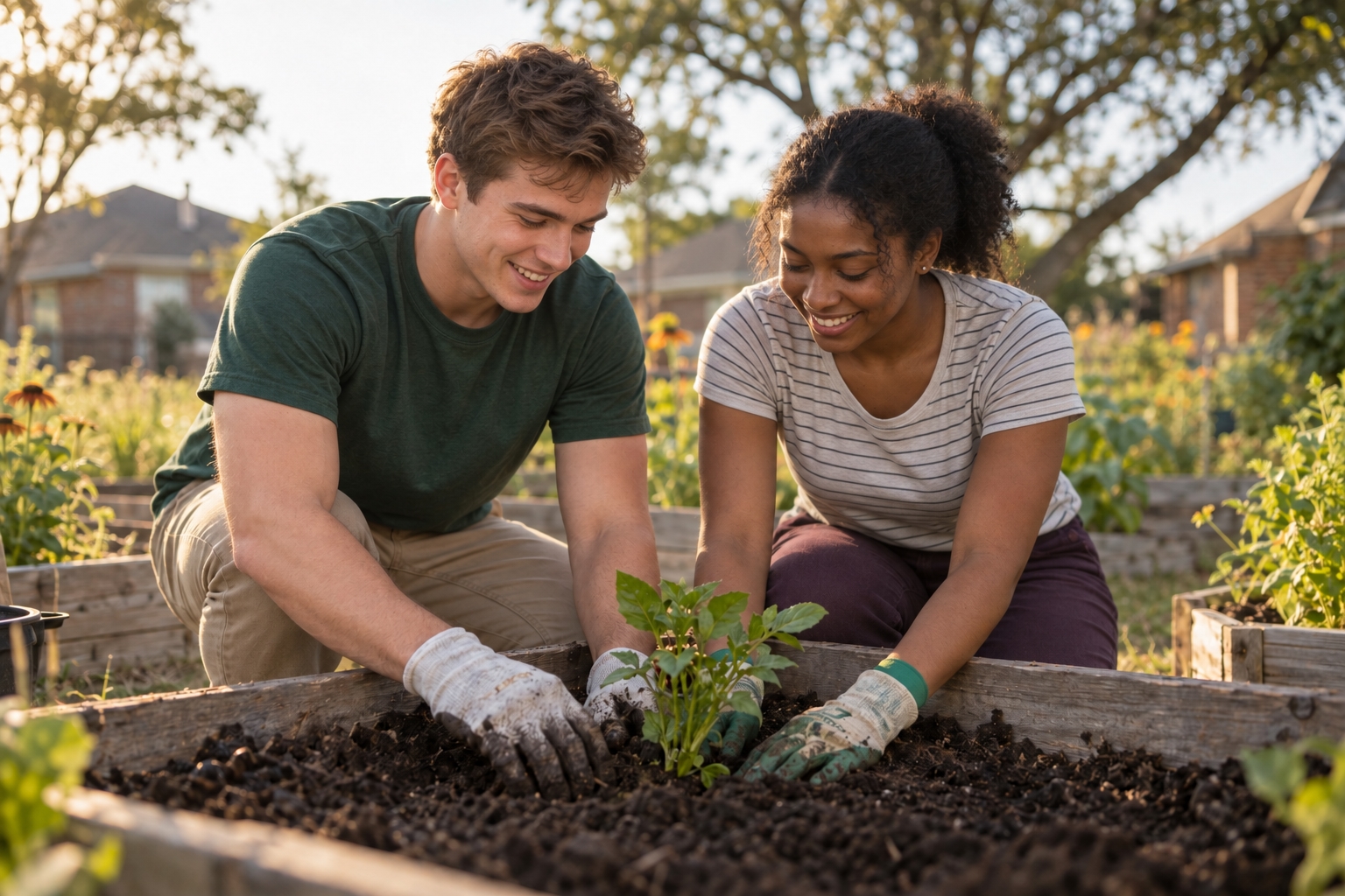 Two student volunteers planting a seedling in a neighborhood garden