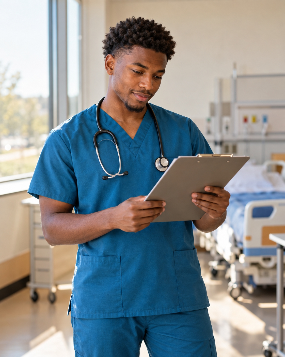 A nursing student reviewing a clipboard in a bright training classroom