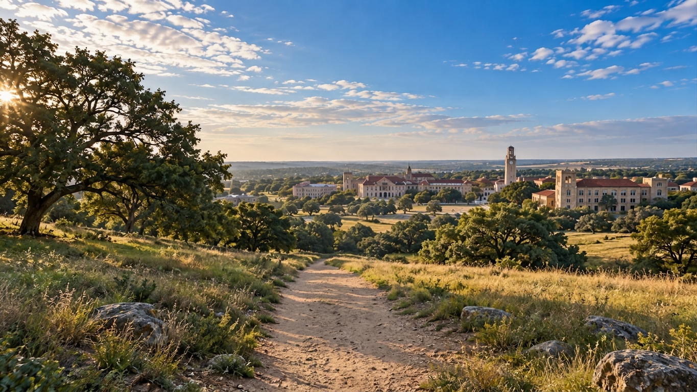 A sunlit trail through Texas hills toward a campus on the horizon