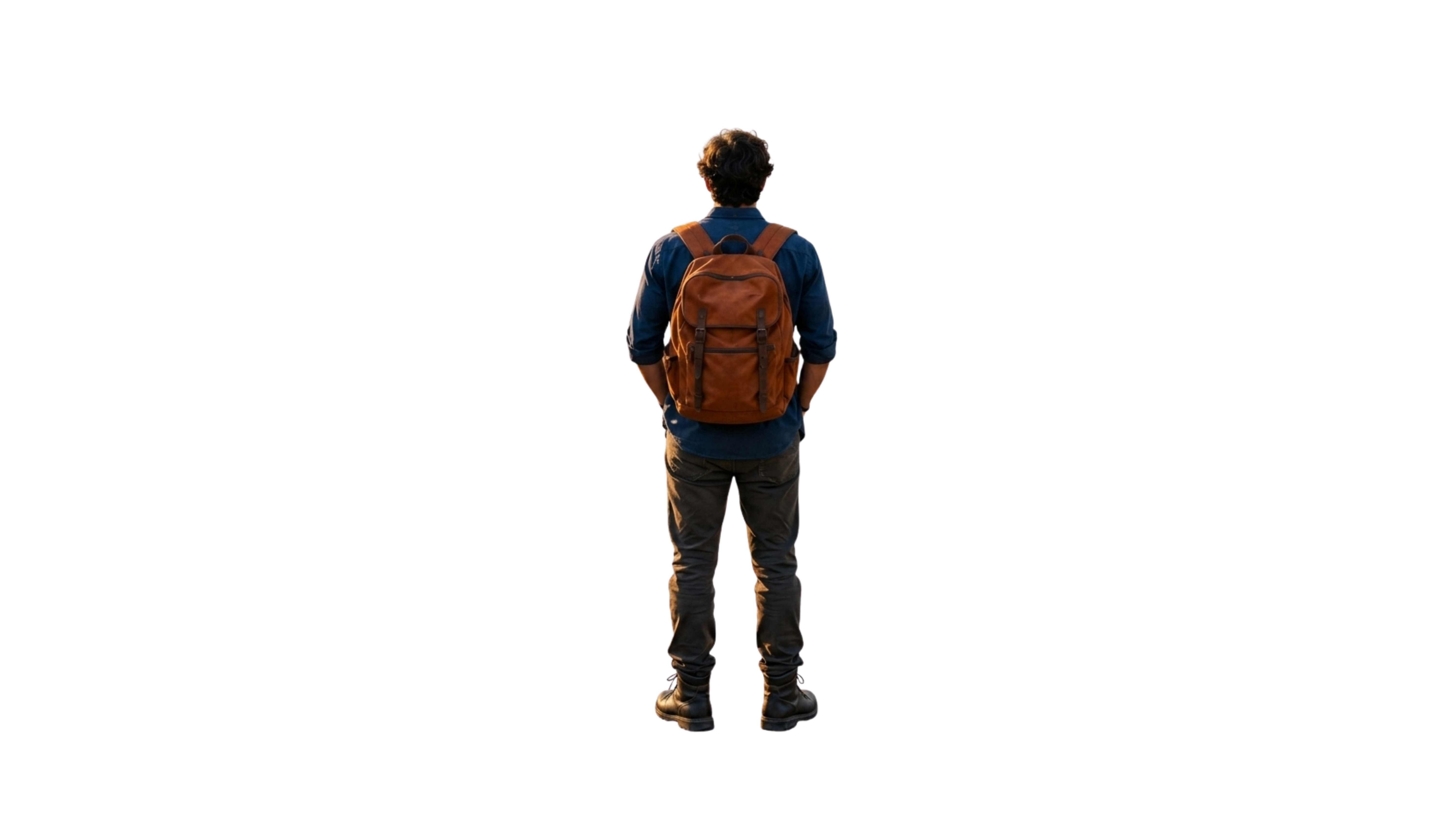 A student with an orange backpack looking toward his future